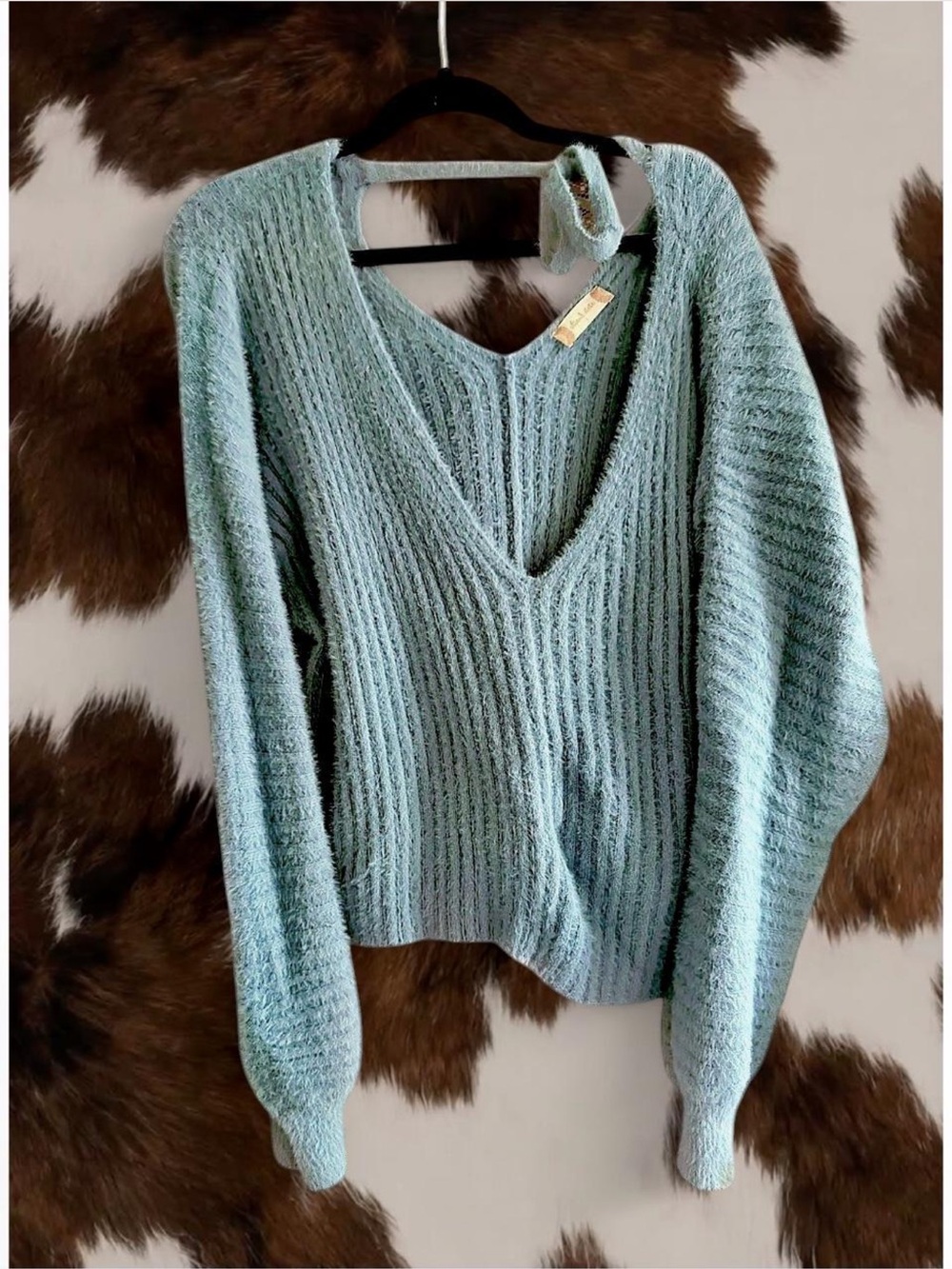 Altar'd State Fuzzy Ribbed V-Neck Sweater